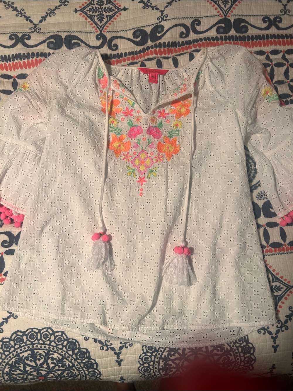 Lilly Pulitzer White Eyelet Blouse with Neon Floral Embroidery and Pink Tassels